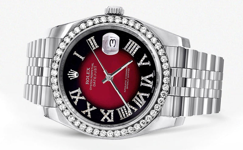 116200 | Hidden Clasp | Diamond Rolex Datejust Watch | 36Mm | Diamond Red Roman Numeral Dial | Jubilee Band