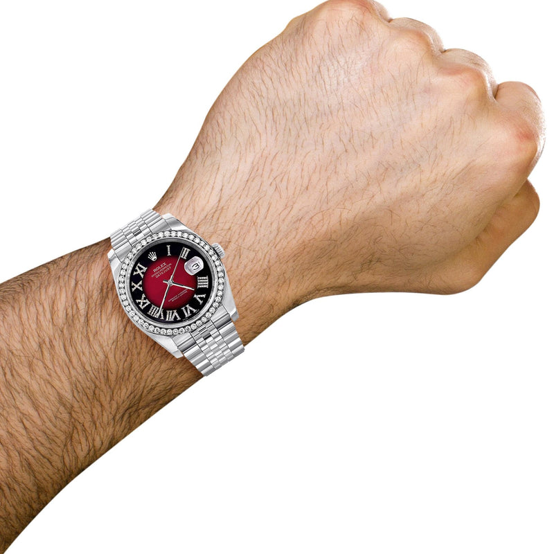 116200 | Hidden Clasp | Diamond Rolex Datejust Watch | 36Mm | Diamond Red Roman Numeral Dial | Jubilee Band