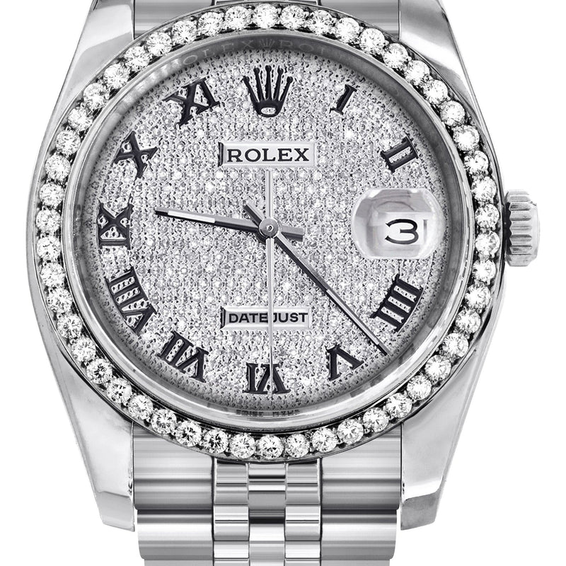 116200 | Hidden Clasp | Diamond Rolex Datejust Watch | 36MM | Full Diamond Roman Dial | Jubilee Band
