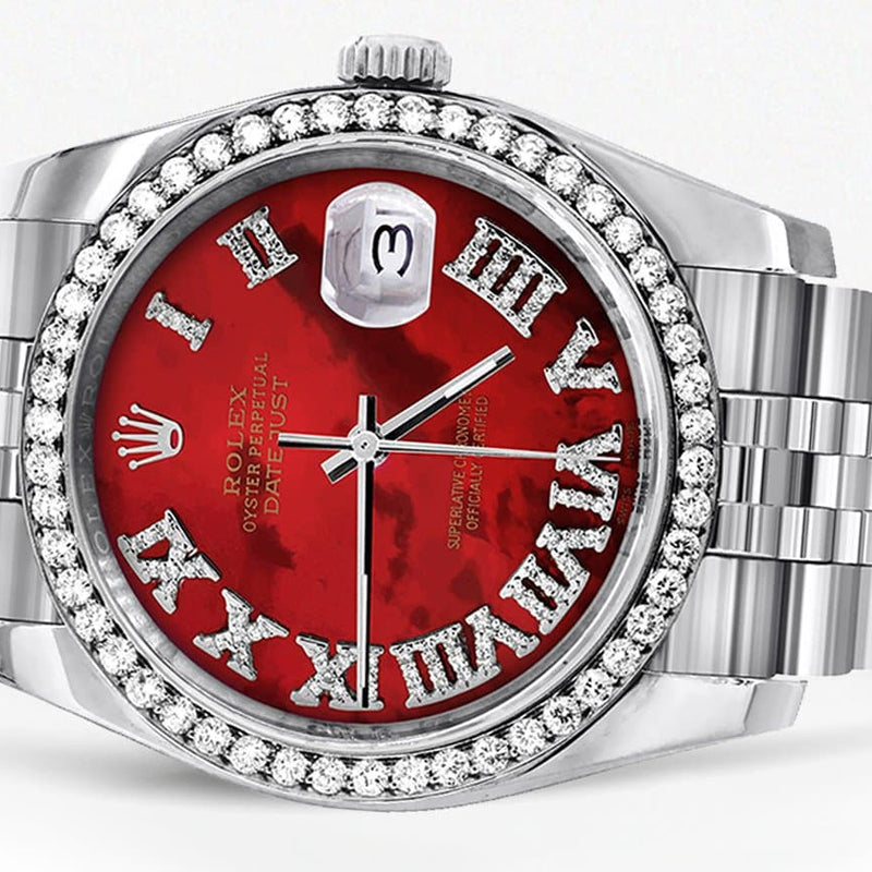 116200 | Hidden Clasp | Diamond Rolex Datejust Watch | 36Mm | Diamond Red Mother Of Pearl Roman Numeral Dial | Jubilee Band
