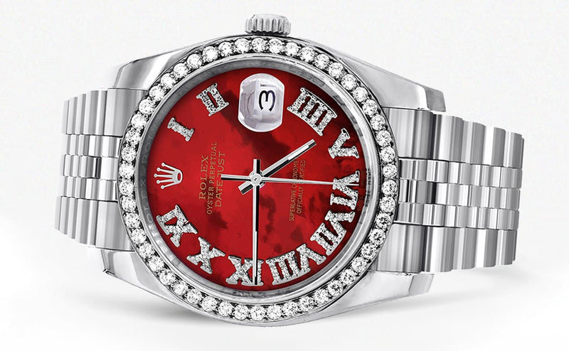 116200 | Hidden Clasp | Diamond Rolex Datejust Watch | 36Mm | Diamond Red Mother Of Pearl Roman Numeral Dial | Jubilee Band