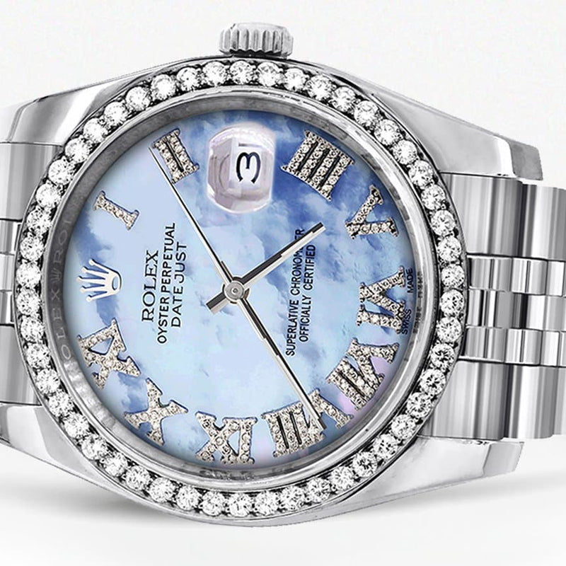116200 | Hidden Clasp | Diamond Rolex Datejust Watch | 36Mm | Blue Mother Of Pearl Roman Numeral Dial | Jubilee Band