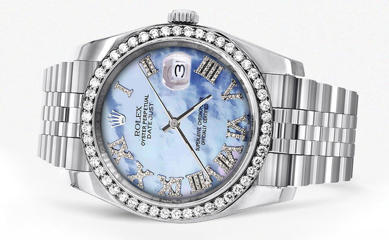 116200 | Hidden Clasp | Diamond Rolex Datejust Watch | 36Mm | Blue Mother Of Pearl Roman Numeral Dial | Jubilee Band