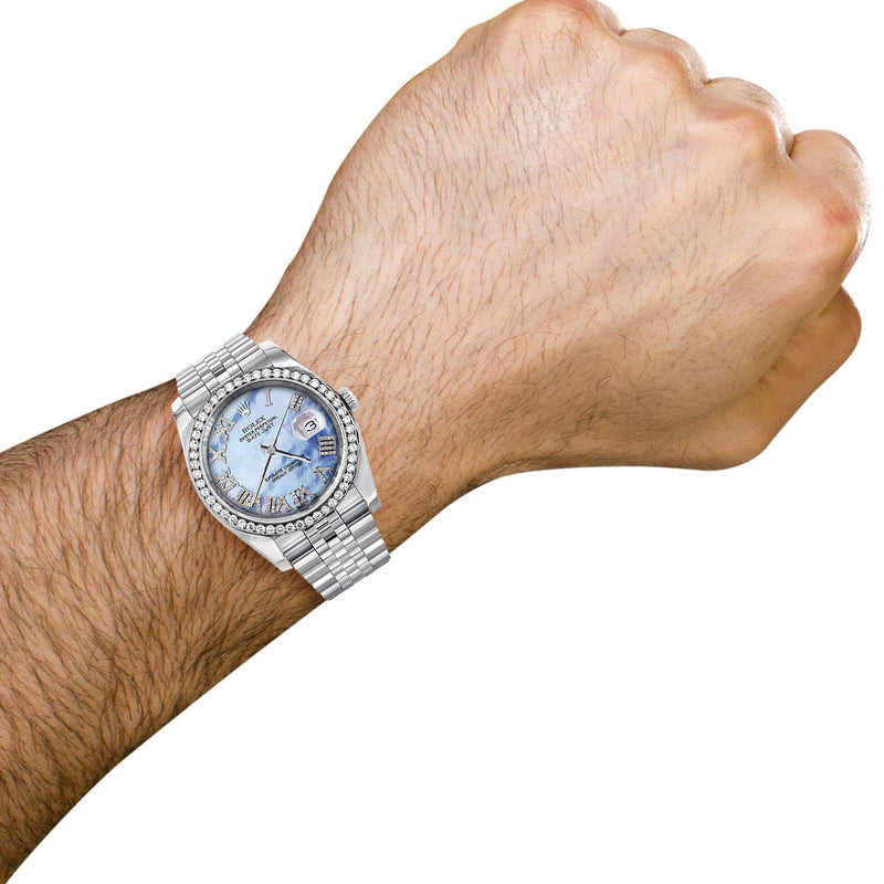 116200 | Hidden Clasp | Diamond Rolex Datejust Watch | 36Mm | Blue Mother Of Pearl Roman Numeral Dial | Jubilee Band