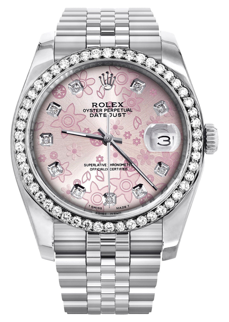 116200 | Hidden Clasp | Diamond Rolex Datejust Watch | 36MM | Pink Flower Diamond Dial | Jubilee Band
