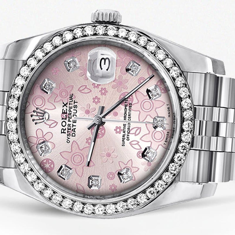 116200 | Hidden Clasp | Diamond Rolex Datejust Watch | 36MM | Pink Flower Diamond Dial | Jubilee Band