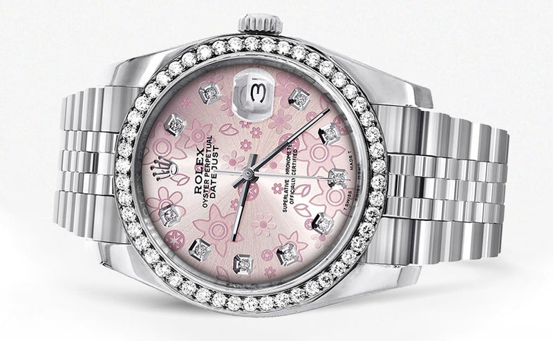 116200 | Hidden Clasp | Diamond Rolex Datejust Watch | 36MM | Pink Flower Diamond Dial | Jubilee Band