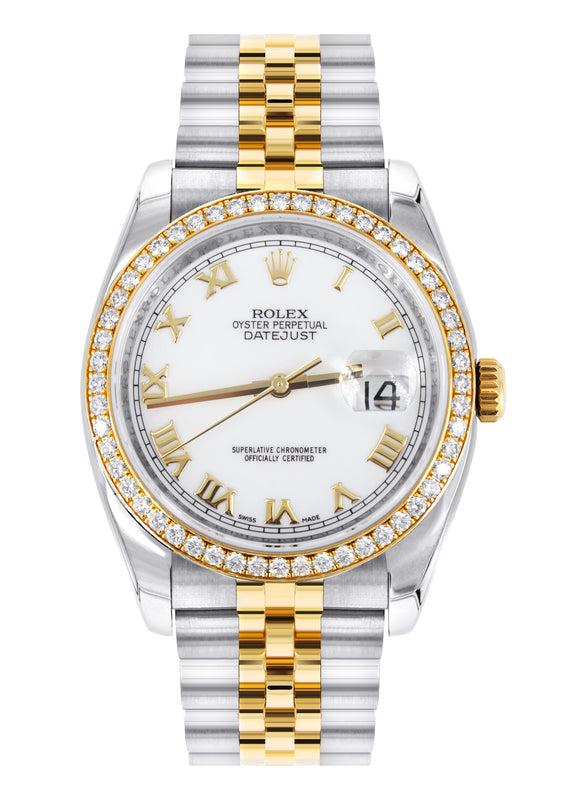 ROLEX DATEJUST 36 MM | JUBILEE BAND 18K GOLD & STEEL WATCH | 116243 | FACTORY DIAMOND BEZEL | WHITE ROMAN