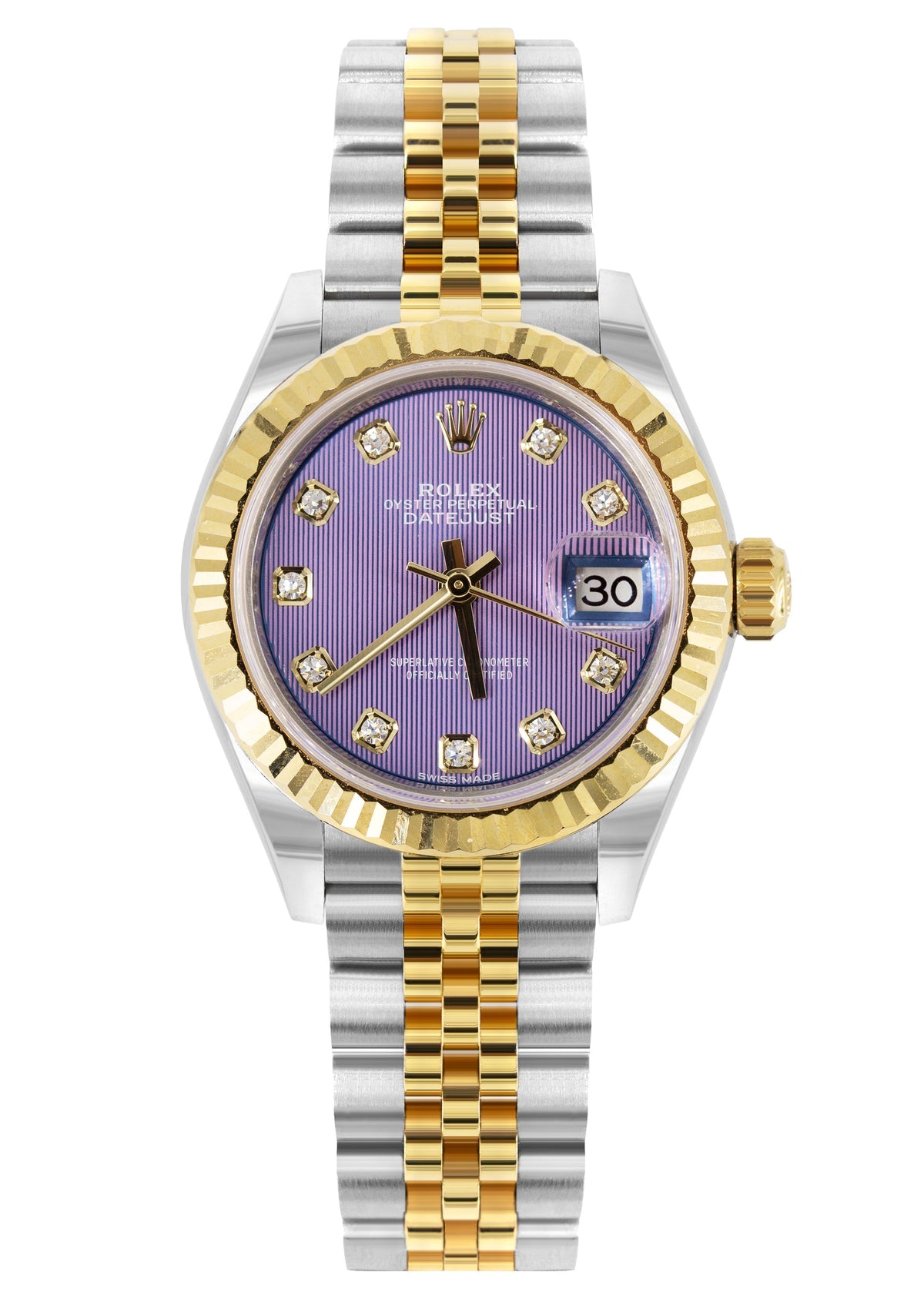 ROLEX DATEJUST 28 MM | JUBILEE BAND 18K GOLD & STEEL WATCH | 279173 | 18KYELLOW GOLD SMOOTH | DIAMOND LAVENDER DIAL