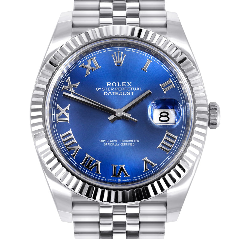 ROLEX DATEJUST 41 MM | STEEL WATCH | JUBILEE BAND | BLUE ROMAN DIAL | 18K FLUTED BEZEL