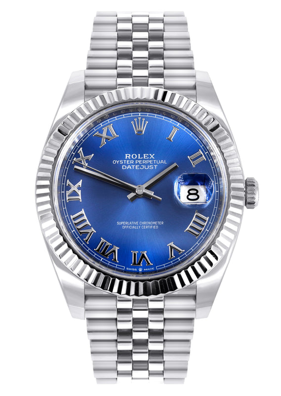 ROLEX DATEJUST 41 MM | STEEL WATCH | JUBILEE BAND | BLUE ROMAN DIAL | 18K FLUTED BEZEL