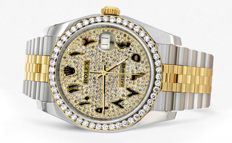 116233 | Hidden Clasp | Diamond Gold Rolex Watch For Men | 36Mm | Black Arabic Full Diamond Dial | Jubilee Band