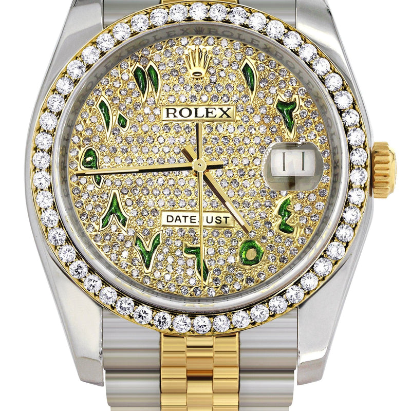 116233 | Hidden Clasp | Diamond Gold Rolex Watch For Men | 36Mm | Custom Green Arabic Full Diamond Dial | Jubilee Band