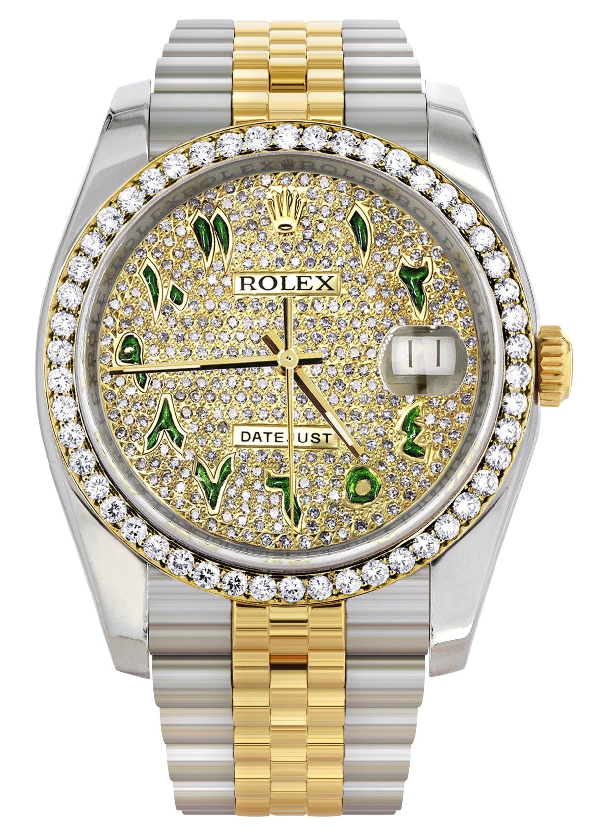116233 | Hidden Clasp | Diamond Gold Rolex Watch For Men | 36Mm | Custom Green Arabic Full Diamond Dial | Jubilee Band