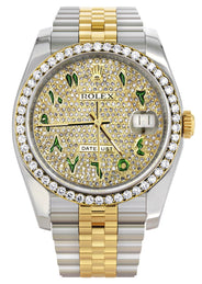 116233 | Hidden Clasp | Diamond Gold Rolex Watch For Men | 36Mm | Custom Green Arabic Full Diamond Dial | Jubilee Band