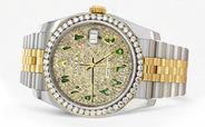 116233 | Hidden Clasp | Diamond Gold Rolex Watch For Men | 36Mm | Custom Green Arabic Full Diamond Dial | Jubilee Band