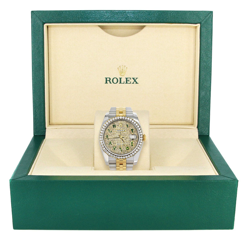 116233 | Hidden Clasp | Diamond Gold Rolex Watch For Men | 36Mm | Custom Green Arabic Full Diamond Dial | Jubilee Band