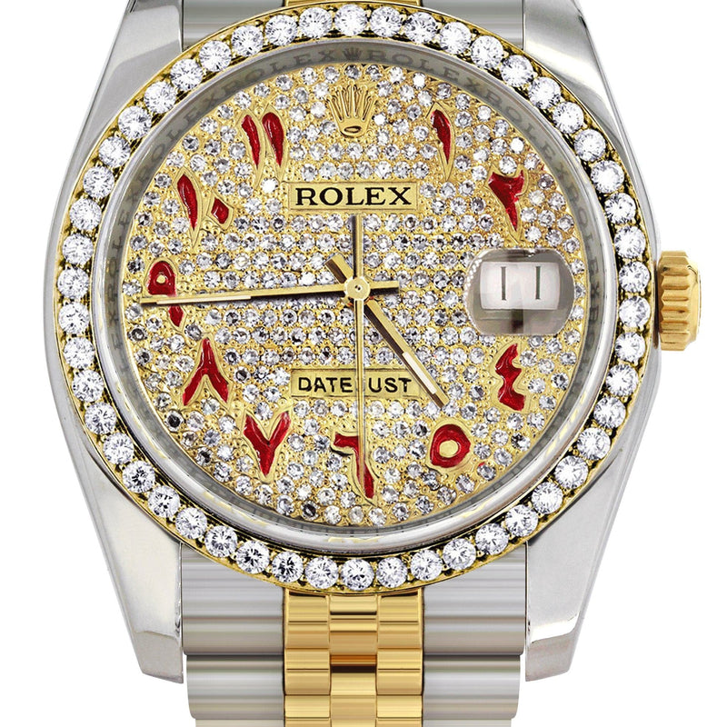 116233 | Hidden Clasp | Diamond Gold Rolex Watch For Men | 36Mm | Custom Red Arabic Full Diamond Dial | Jubilee Band