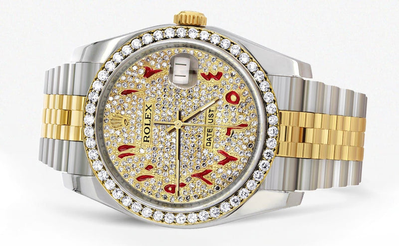 116233 | Hidden Clasp | Diamond Gold Rolex Watch For Men | 36Mm | Custom Red Arabic Full Diamond Dial | Jubilee Band