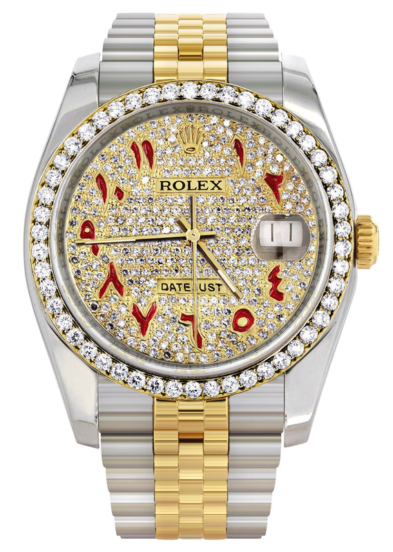 116233 | Hidden Clasp | Diamond Gold Rolex Watch For Men | 36Mm | Custom Red Arabic Full Diamond Dial | Jubilee Band