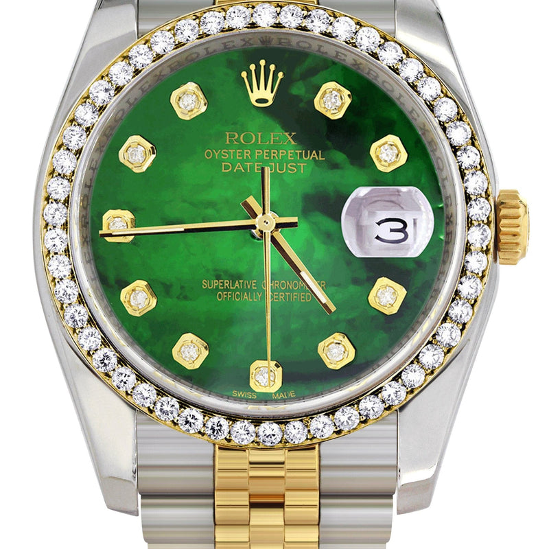 116233 | Hidden Clasp | Diamond Rolex Datejust Two Tone | 36MM | Green Diamond Mother Of Pearl Dial | Jubilee Band
