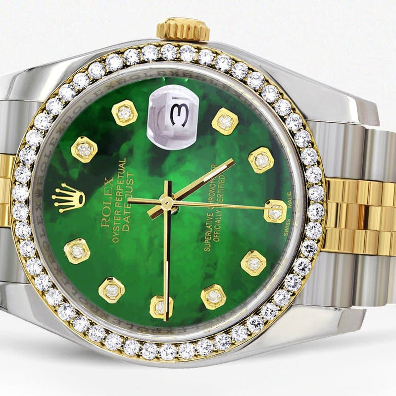 116233 | Hidden Clasp | Diamond Rolex Datejust Two Tone | 36MM | Green Diamond Mother Of Pearl Dial | Jubilee Band