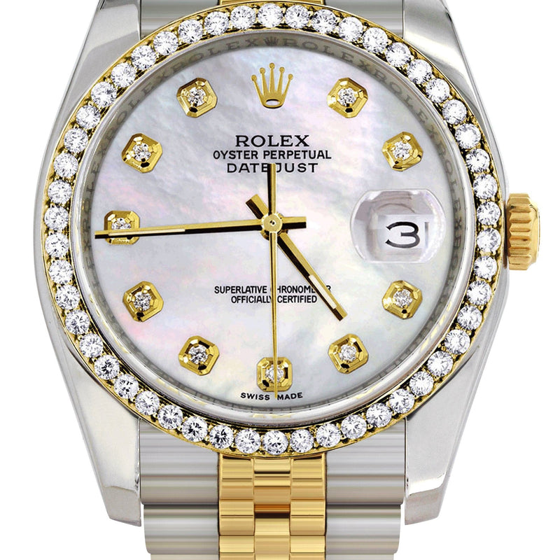 116233 | Hidden Clasp | Diamond Gold Rolex Watch For Men | 36Mm | White Mother Of Pearl  | Jubilee Band