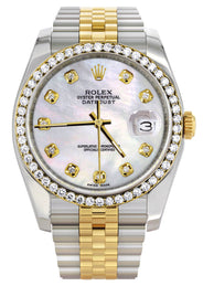 116233 | Hidden Clasp | Diamond Gold Rolex Watch For Men | 36Mm | White Mother Of Pearl  | Jubilee Band