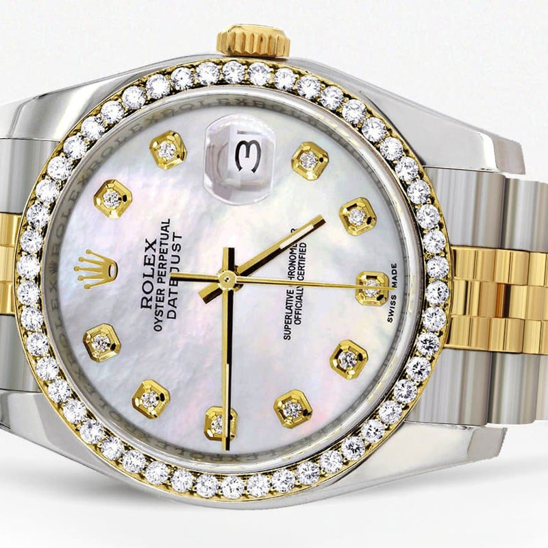 116233 | Hidden Clasp | Diamond Gold Rolex Watch For Men | 36Mm | White Mother Of Pearl  | Jubilee Band