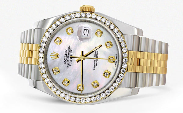 116233 | Hidden Clasp | Diamond Gold Rolex Watch For Men | 36Mm | White Mother Of Pearl  | Jubilee Band