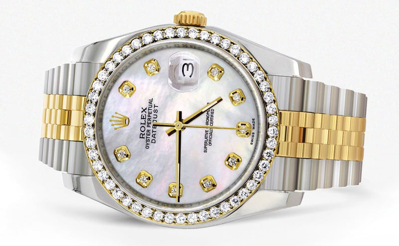 116233 | Hidden Clasp | Diamond Gold Rolex Watch For Men | 36Mm | White Mother Of Pearl  | Jubilee Band