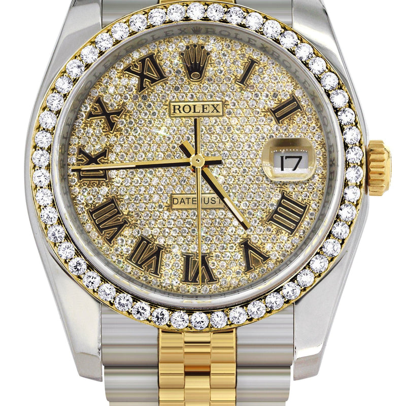 116233 | Hidden Clasp | Diamond Gold Rolex Watch For Men | 36MM | Full Diamond Roman Dial | Jubilee Band