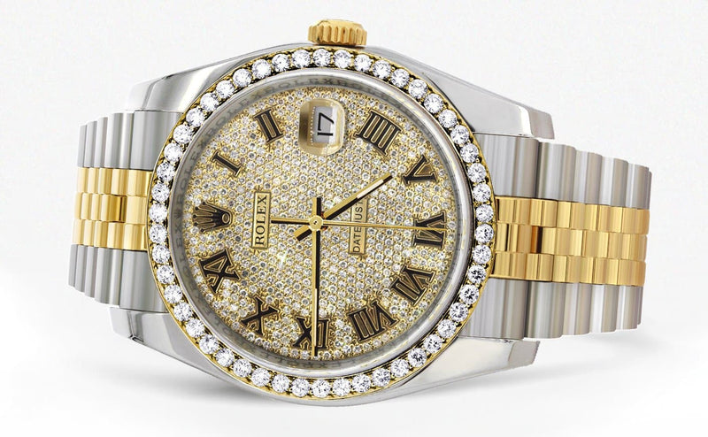 116233 | Hidden Clasp | Diamond Gold Rolex Watch For Men | 36MM | Full Diamond Roman Dial | Jubilee Band