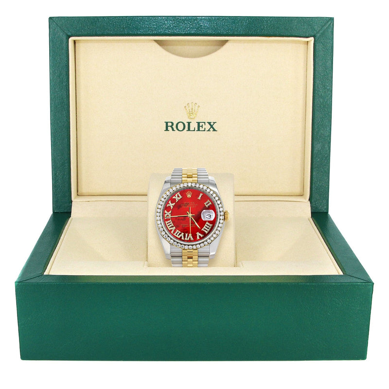 116233 | Hidden Clasp | Gold & Steel Rolex Datejust Watch | 36Mm | Diamond Red Roman Dial | Jubilee Band