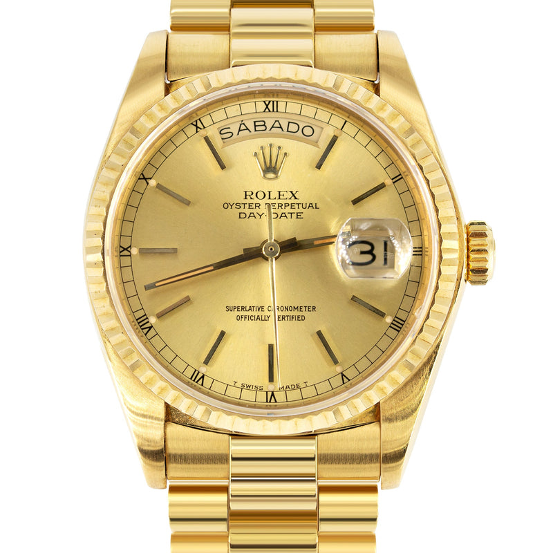 Rolex Day-Date | Presidential | Model 18238 | Spanish Day |  18K Yellow Gold | FLUTED BEZEL| CHAMPAGNE STICK DIAL