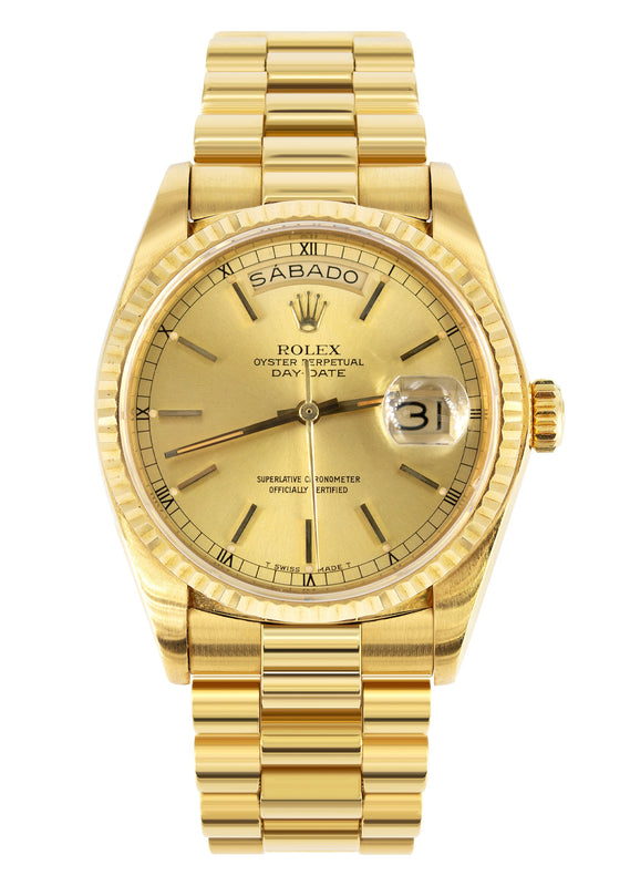 Rolex Day-Date | Presidential | Model 18238 | Spanish Day |  18K Yellow Gold | FLUTED BEZEL| CHAMPAGNE STICK DIAL