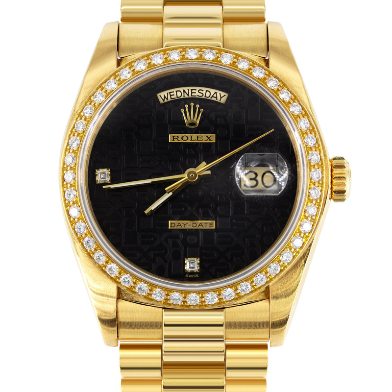 Rolex Day Date | 18k Gold 18038 | 36mm Black Rare Jubilee 6 & 9 Diamond Dial | Diamond Bezel