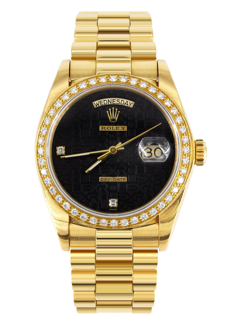 Rolex Day Date | 18k Gold 18038 | 36mm Black Rare Jubilee 6 & 9 Diamond Dial | Diamond Bezel