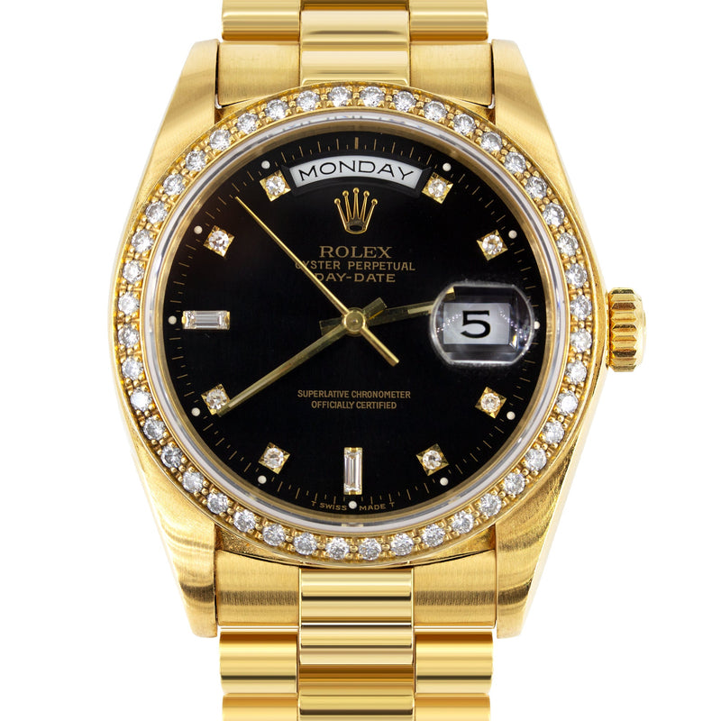 Rolex Day Date | 18k Gold 18238 | 36mm Black Diamond Dial | Diamond Bezel
