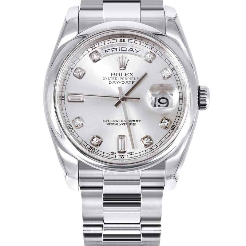 Rolex Day Date | 18k White Gold 118209| 36mm Silver Diamond Dial | Dome Bezel