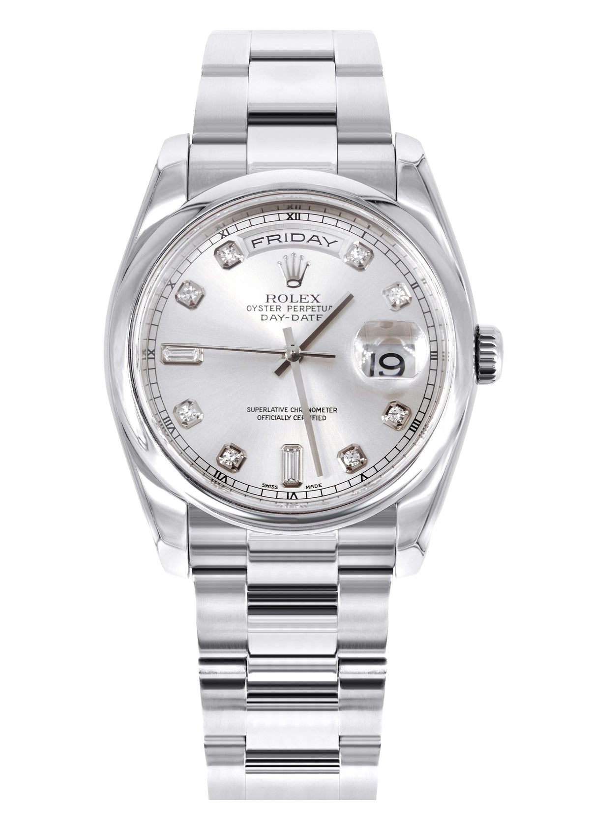 Rolex Day Date | 18k White Gold 118209| 36mm Silver Diamond Dial | Dome Bezel