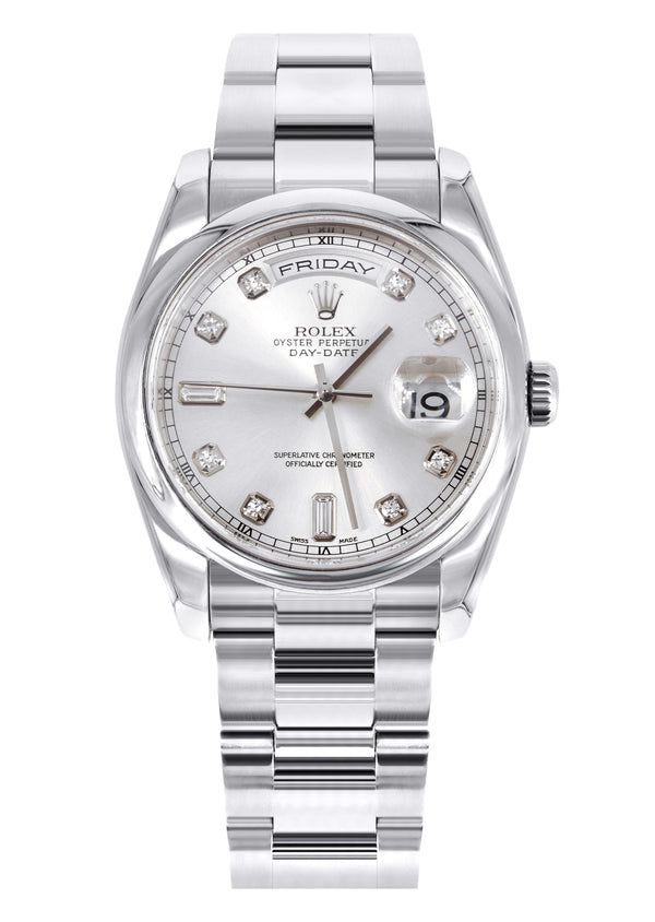 Rolex Day Date | 18k White Gold 118209| 36mm Silver Diamond Dial | Dome Bezel