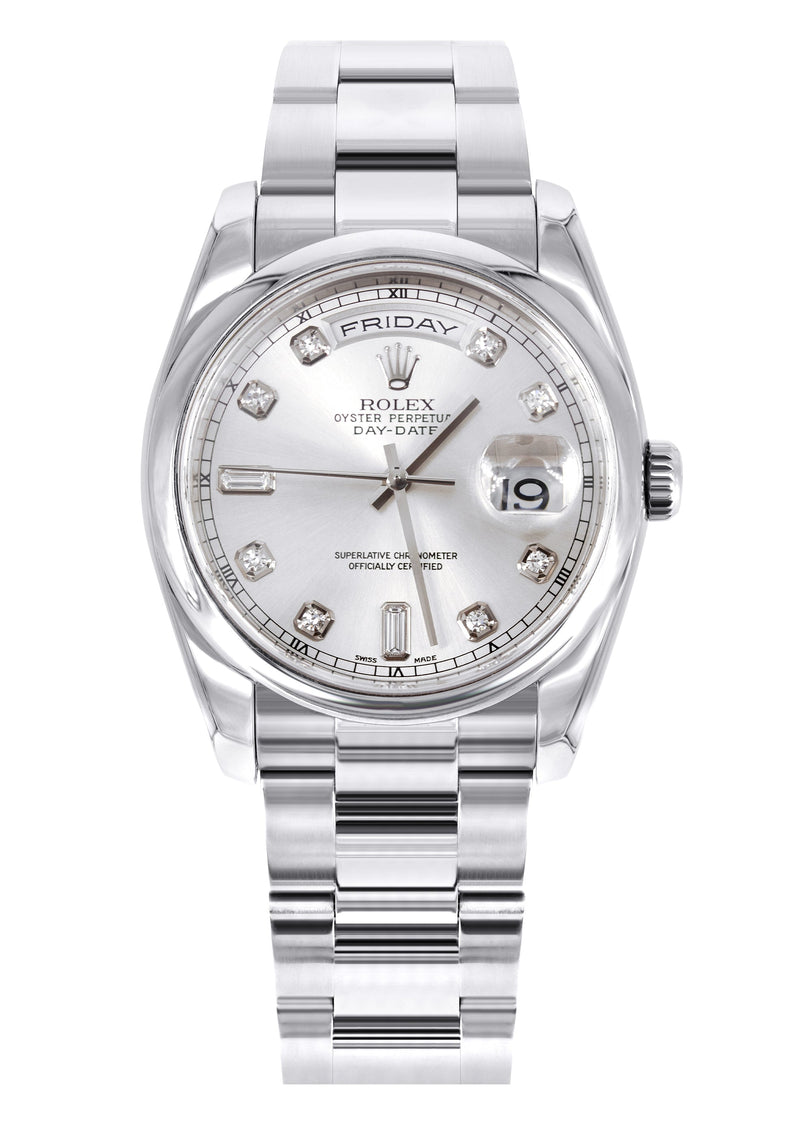 Rolex Day Date | 18k White Gold 118209| 36mm Silver Diamond Dial | Dome Bezel