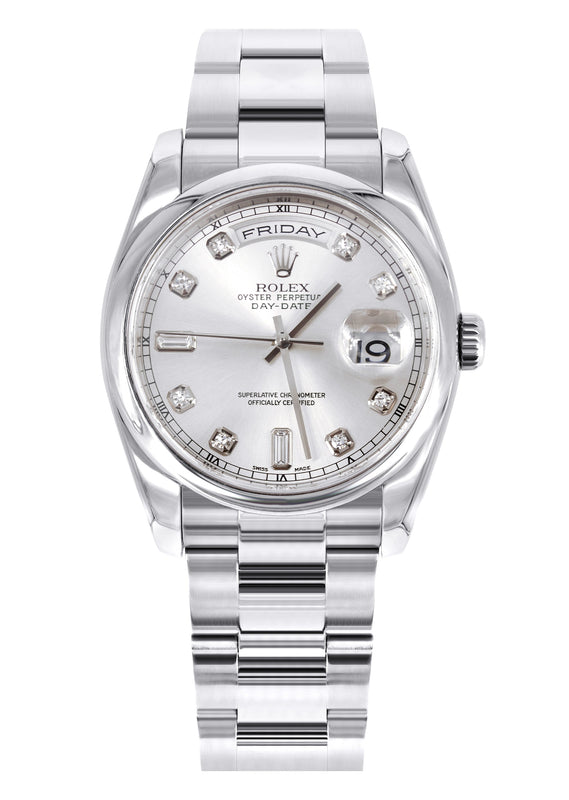 Rolex Day Date | 18k White Gold 118209| 36mm Silver Diamond Dial | Dome Bezel