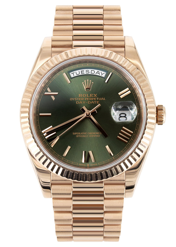 Rolex Day-Date 40 Presidential | 18k Rose Gold 228235 | Olive Green Roman Dial | Fluted Bezel