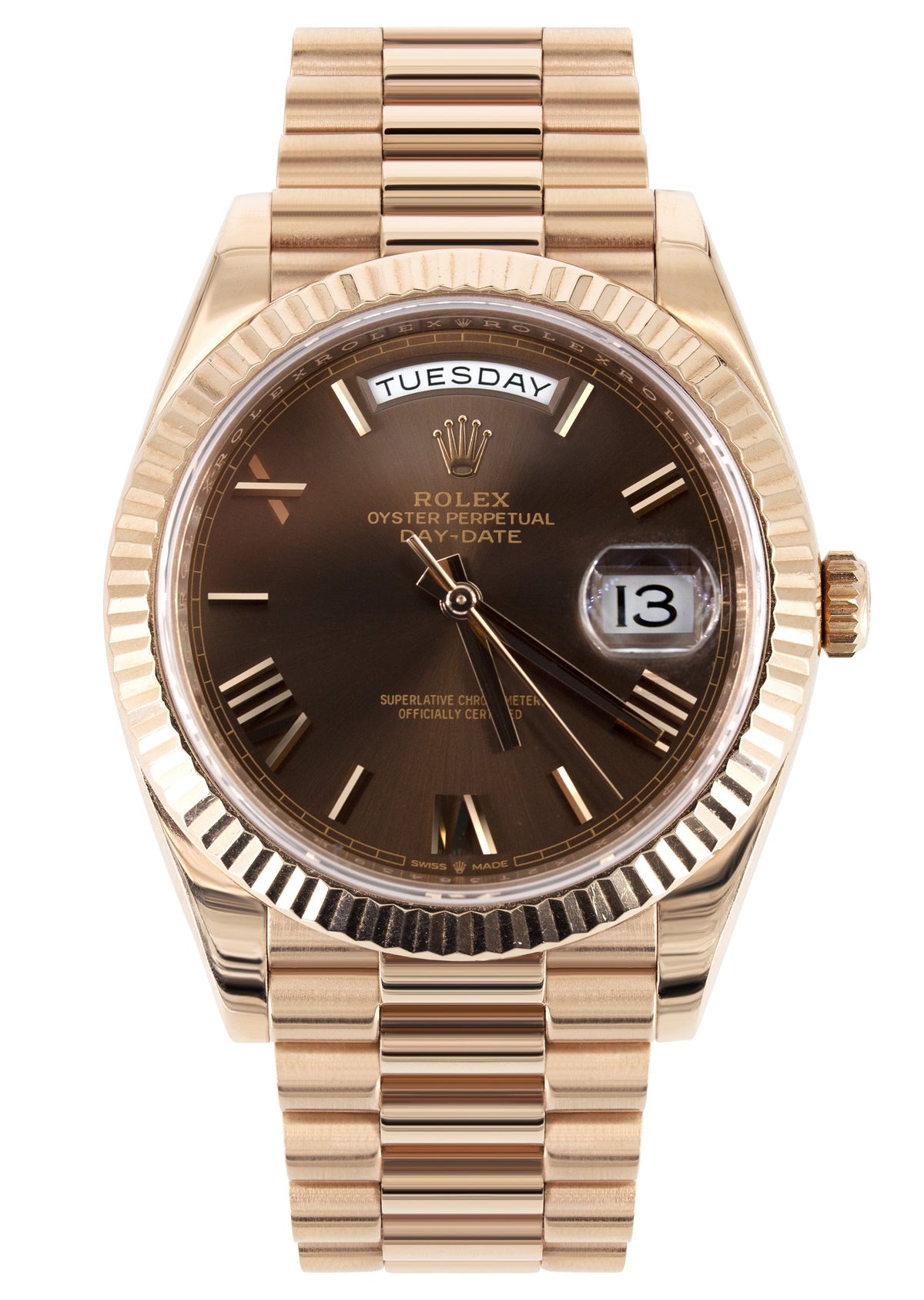 Rolex Day-Date 40 Presidential | 18k Rose Gold 228235 | Chocolate Roman Dial | Fluted Bezel