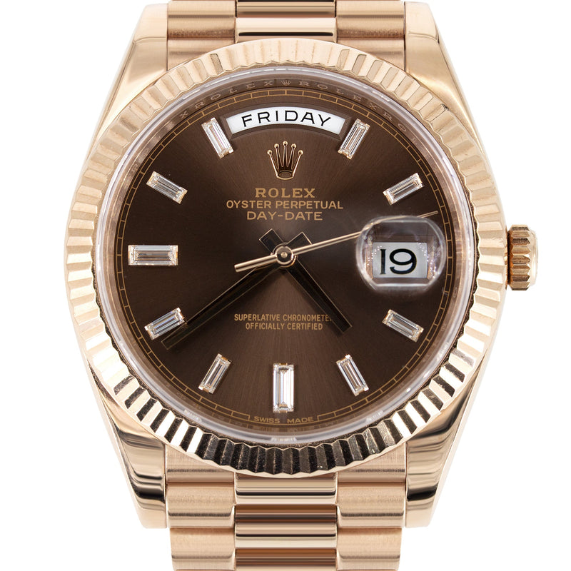 Rolex Day-Date 40 Presidential | 18k Rose Gold 228235 | Chocolate Baguette Diamond Dial | Fluted Bezel