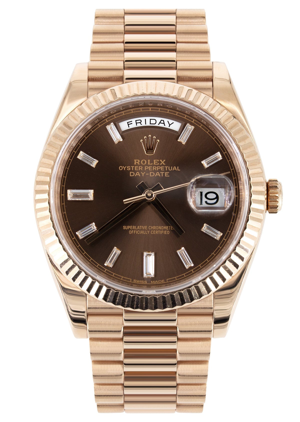 Rolex Day-Date 40 Presidential | 18k Rose Gold 228235 | Chocolate Baguette Diamond Dial | Fluted Bezel