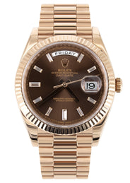 Rolex Day-Date 40 Presidential | 18k Rose Gold 228235 | Chocolate Baguette Diamond Dial | Fluted Bezel