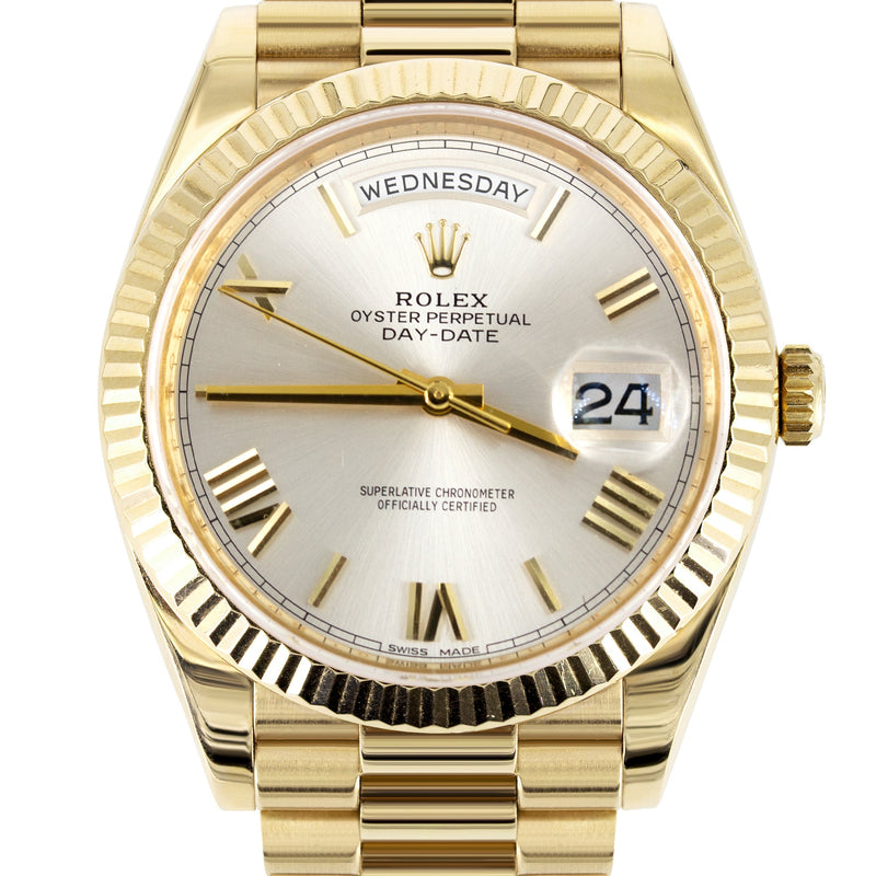 Rolex Day-Date 40 Presidential | 18k Yellow Gold 228238| Silver Roman Dial | Fluted Bezel